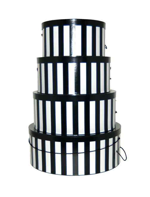 nested round hat boxes, black and white stripes