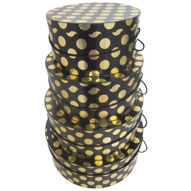 nested round hat boxes, black and white polka dots