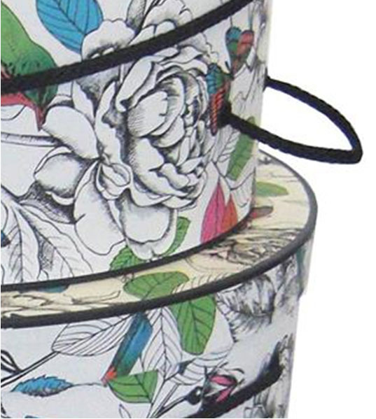 nested hat boxes colorful nature pattern detail