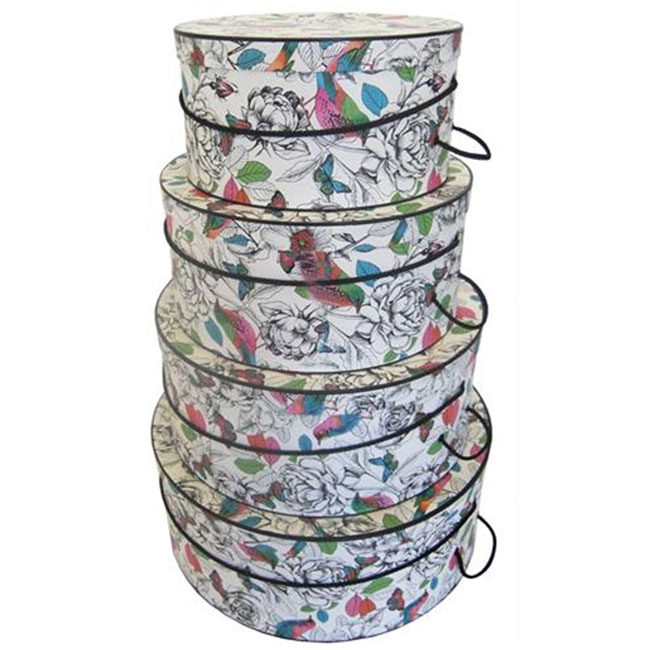 nested retail hat boxes colorful nature pattern black trim and cords