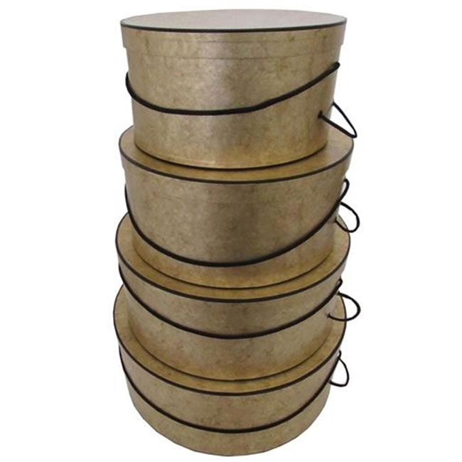 nested round hat boxes gold marble with black trim and carry cord