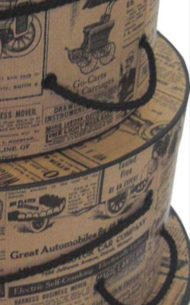 nested hat boxes newsprint pattern detail