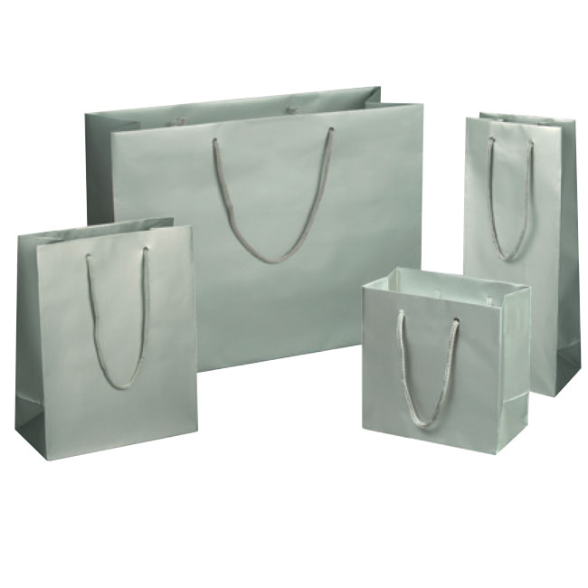matte platinum silver euro tote paper shopping bags rope cord handles assorted sizes