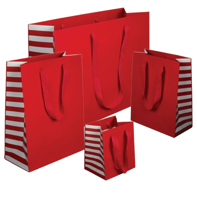 red euro tote paper shopping bags with white stripe gussets 4 sizes