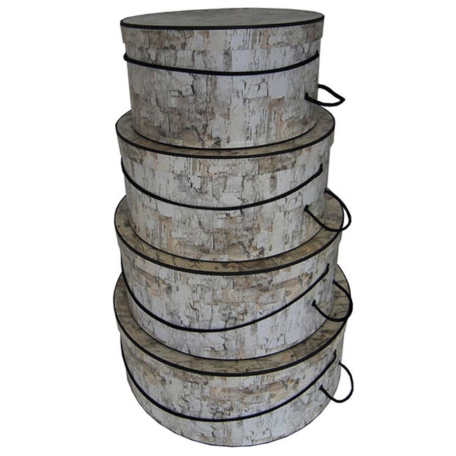 nested round hat boxes, white birch with black trim and carry cord stripes