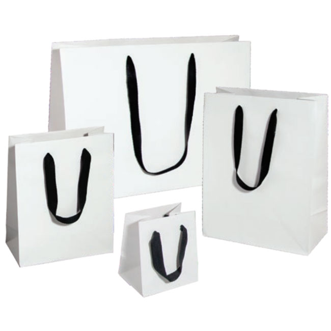 white kraft euro tote with black cotton twill ribbon handles 4 sizes