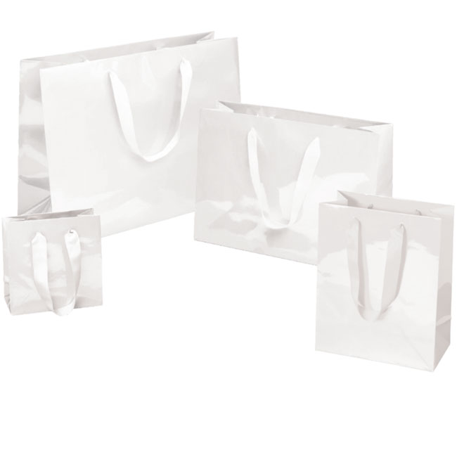 Gloss White Paper Euro Totes With Grosgrain Ribbon Handles - 4 Sizes