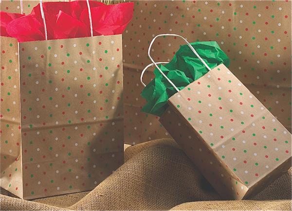 Recycled Kraft Paper Shopping Bag with Paper Handles - Holiday Dots Recycled Kraft Paper Shopping Bag with Paper Handles - Holiday Dots