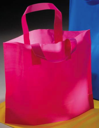 16 x 15 + 6 HOT PINK FROSTED SOFT LOOP HANDLE AMERITOTE PLASTIC BAGS - 2.25  mil