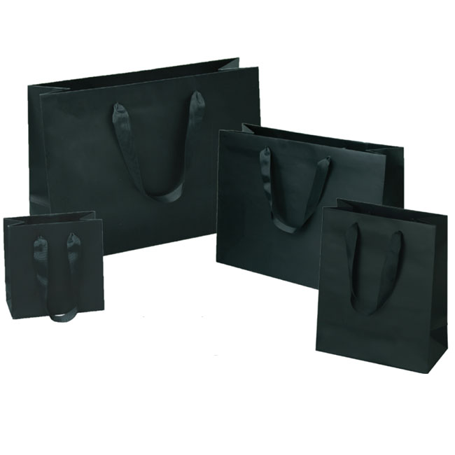 matte black paper euro totes with grosgrain ribbon handles 4 sizes