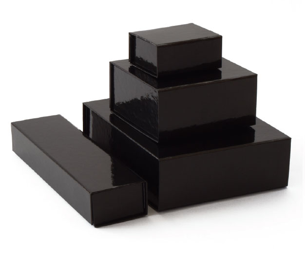 glossy black retail folding boxes with magnet closures in assorted sizes