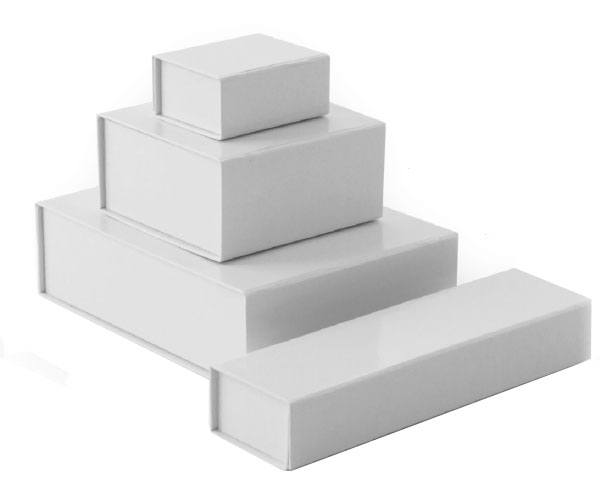 glossy white retail folding boxes with magnet closures in assorted sizes