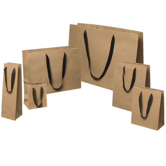 natural kraft paper euro totes black cotton twill ribbon handles 5 sizes